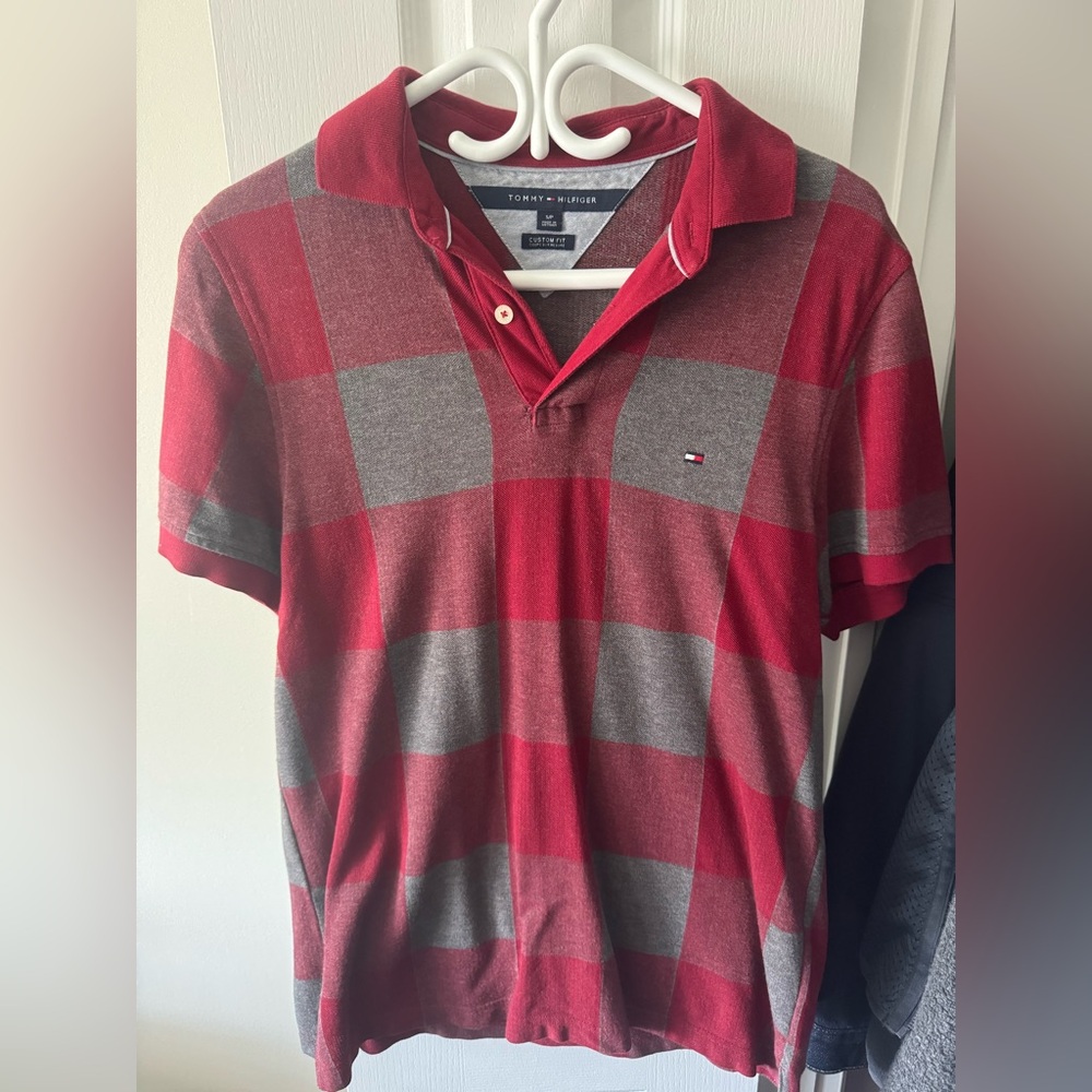 Tommy Hilfiger Men's Red and Gray Checkered Shirt